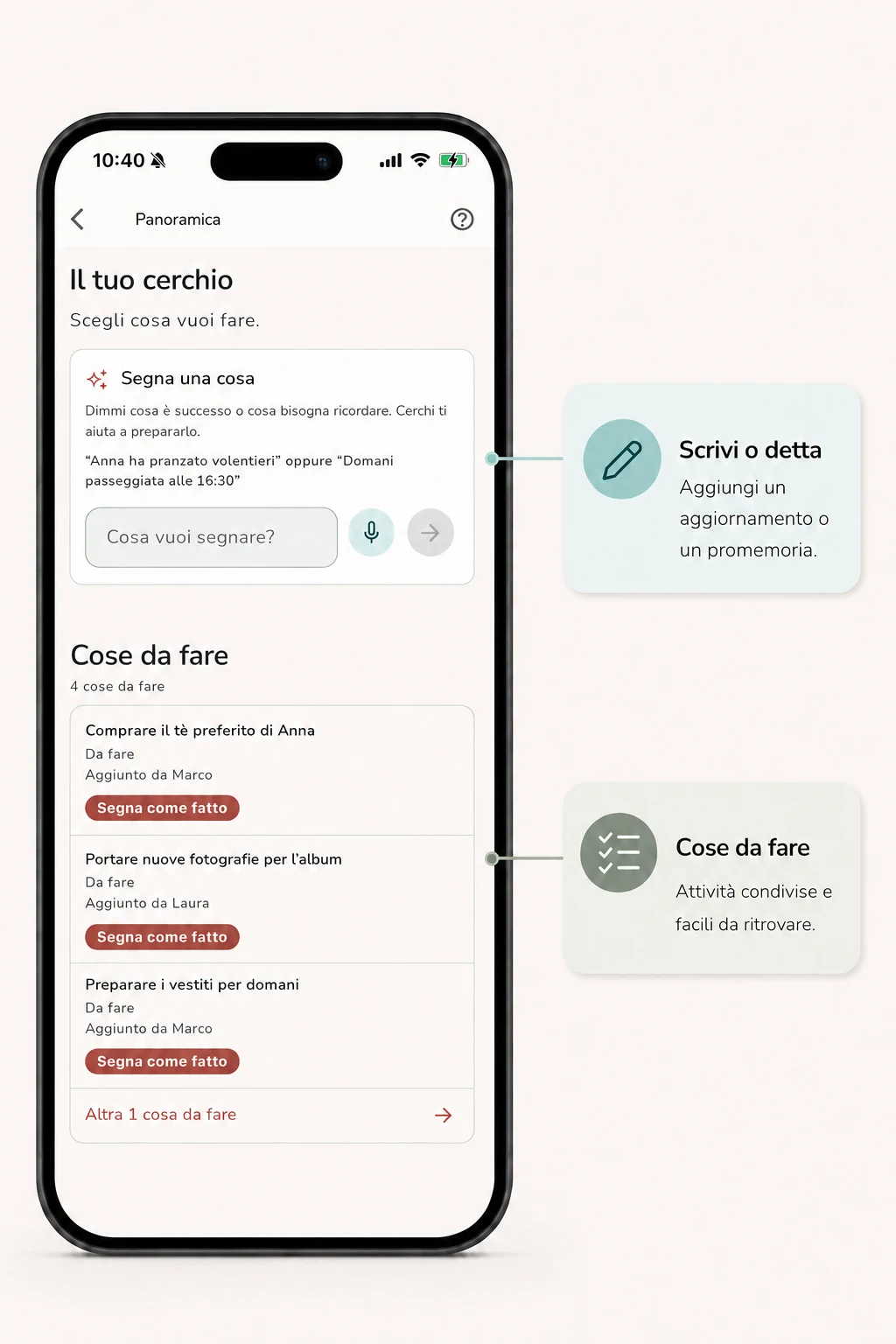 Vue d’ensemble Cerchi avec saisie écrite ou vocale et activités partagées
